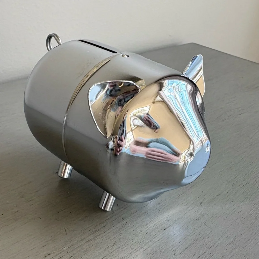 VTG Retro Metal Shiny Chrome Silver Tone Coin Piggy Bank Collectible Child Youth